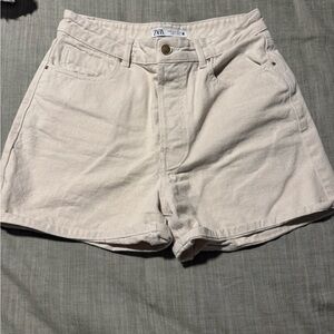 Zara Light Cream High-Waist Denim Shorts